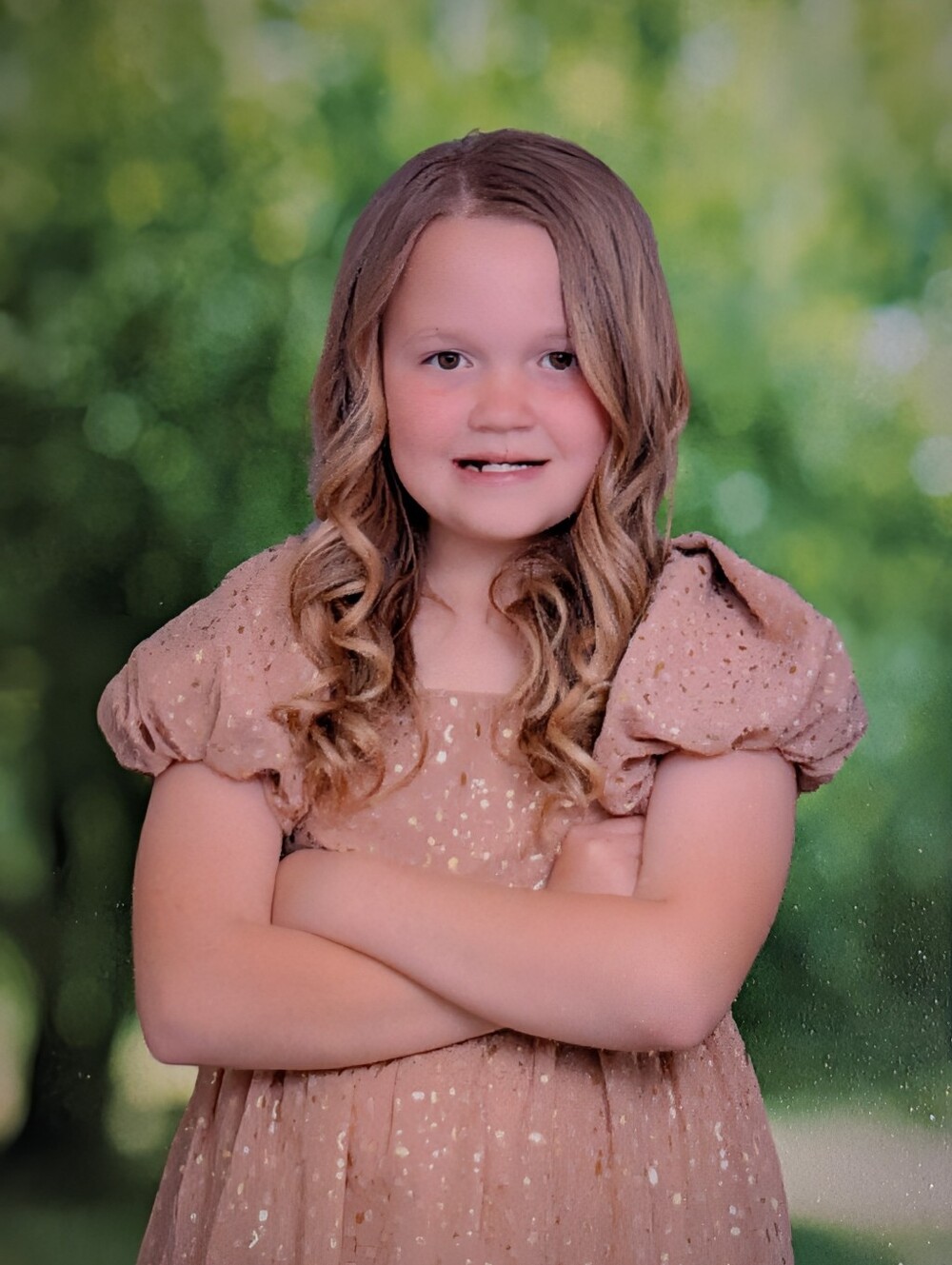 Girls' Dusty Champagne Puff Sleeve Party Dress with Gold Accents